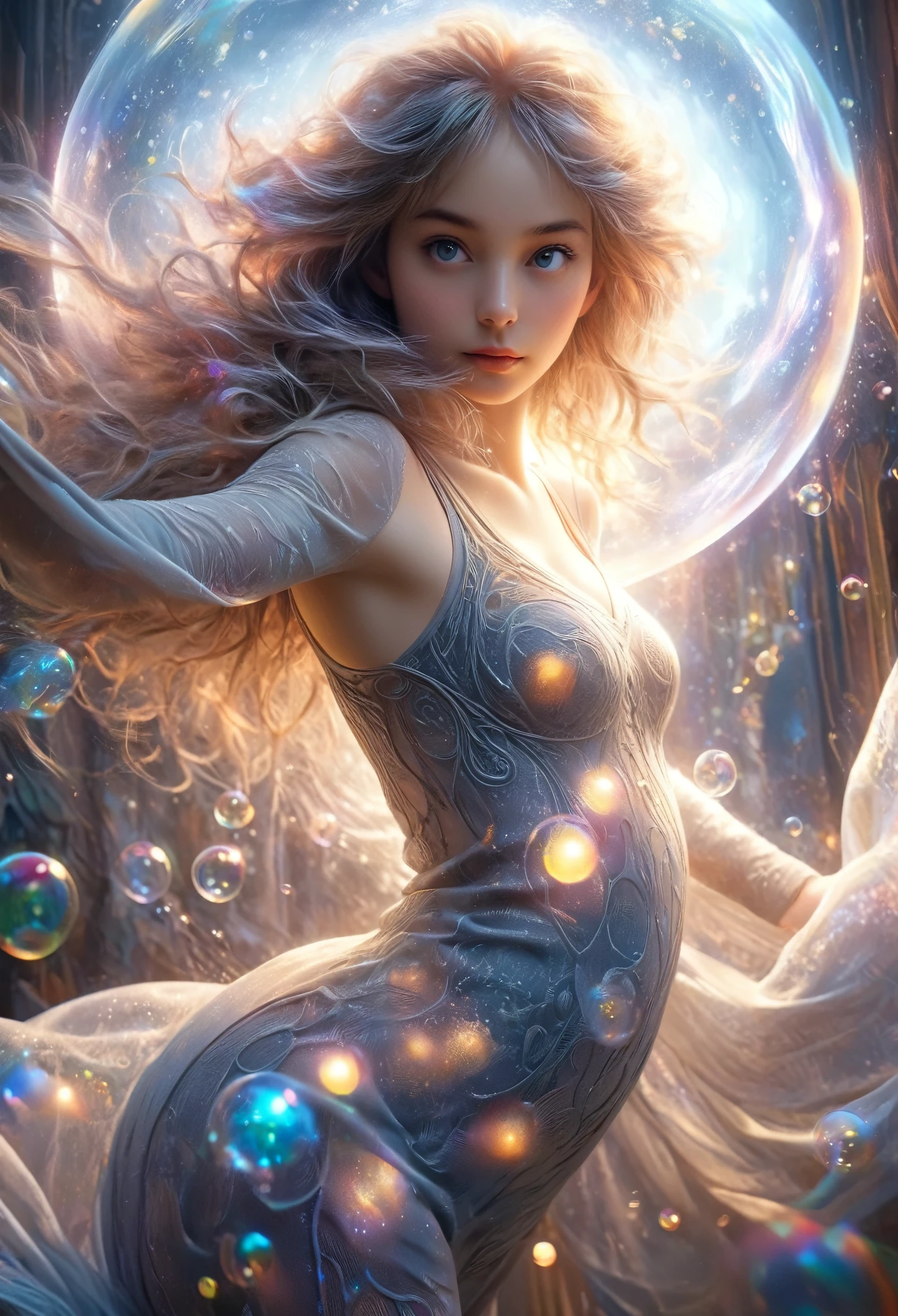 (((Exquisite))) Openwork tights, High quality details, Flowing, dynamic, (1 female), Bright Eyes, Full of energy, Fascinating front and back, Silk texture, Expressing high-quality texture, Giant bubbles, Soft Light, Full of realism, At the moment, this girl is in a fantasy world..