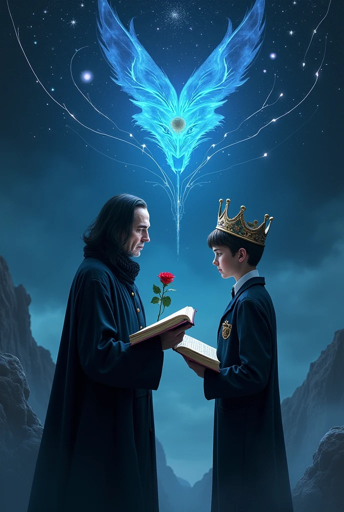 Severus to Snape, the head of Slytherin house must be in the picture, with a red rose in her hand, and Harry Potter's 17-year-old self, in glasses. crown on his head. The two characters should stand with their backs to each other. Both of them should have an open book in their hands. In the middle of the background is a blue glowing fox, similar to protective charms, outer space, the shooting stars, the minor planets. THEY ARE ANONYMOUS should appear at the top of the image.