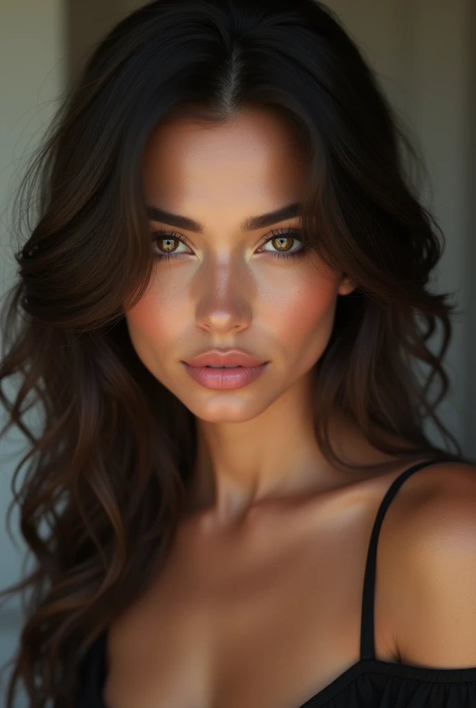 Create a picture of a sexy and seductive brunette, Not 20, You should be able to see the entire face and the whole photo realistically.