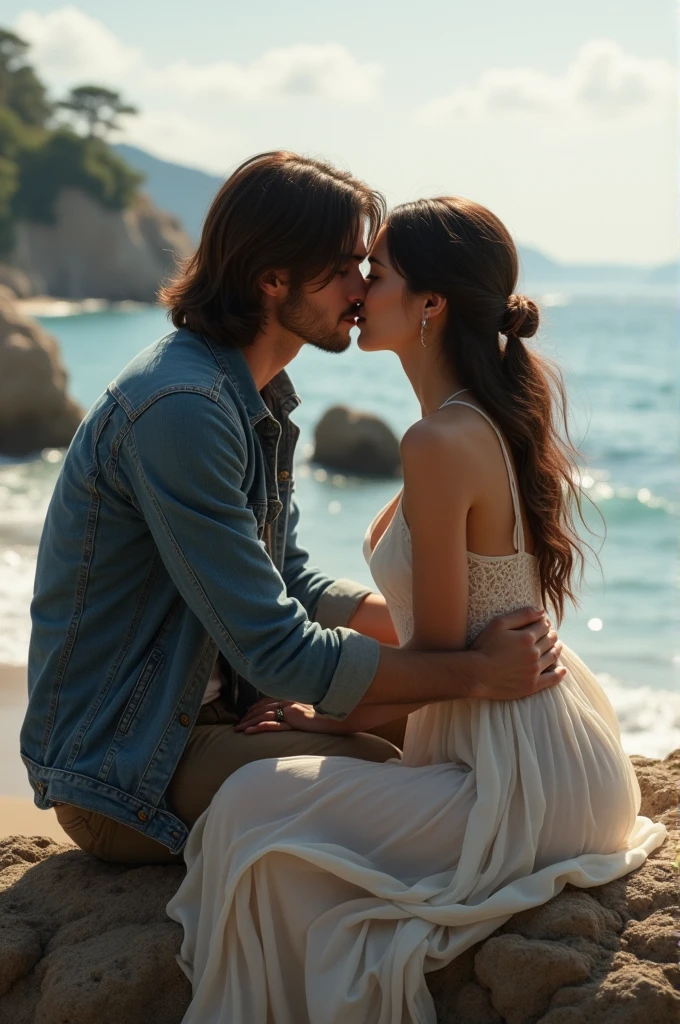 Portrait of a young man with long, straight shoulder-length hair wearing a denim jacket and a beautiful young woman wearing a dress making out sitting on rocks next to the beach.
