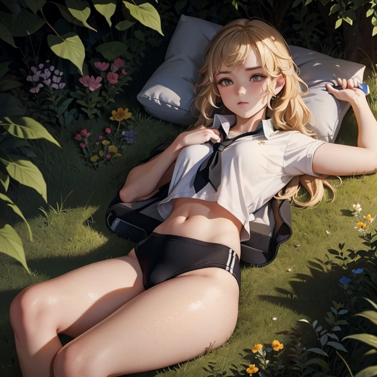 Girl lying in the woods.close ~ eye、 young teen, Black gym bloomers, High Leg、whole body、Blonde long hair、(Black gym bloomers)+(White collared shirt),alone、umbilical cord、Bare Belly,   、Sleep on your back、sexy、alone、