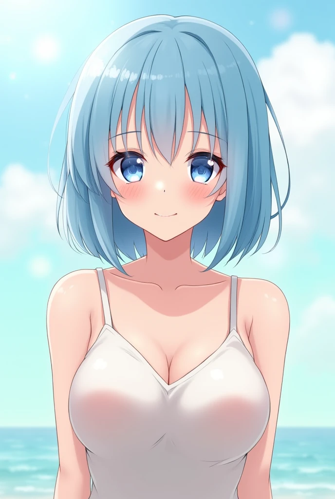 Light blue hair, light blue eyes, woman, smooth, short bob, naked body, huge breasts, smiling, small face, Japanese, anime style, hair on forehead, no makeup, high school girl, full view, front