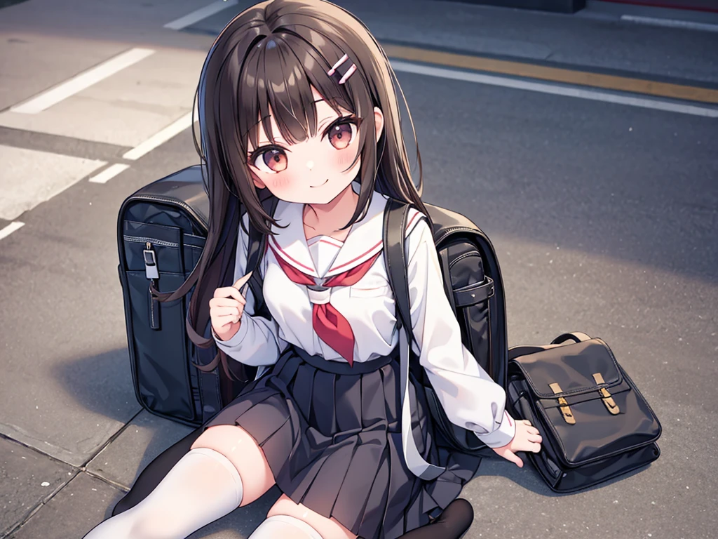 1girl, solo, nudejyojifuku, shirt, long hair, skirt, black hair, bangs, looking at viewer, sitting, socks, bag, backpack, brown hair, hair ornament, smile, thighhighs,他