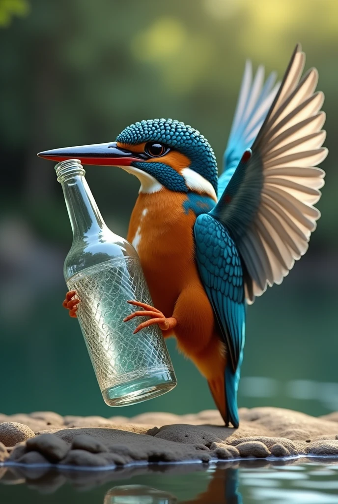 King fisher hold bottle from her wings
