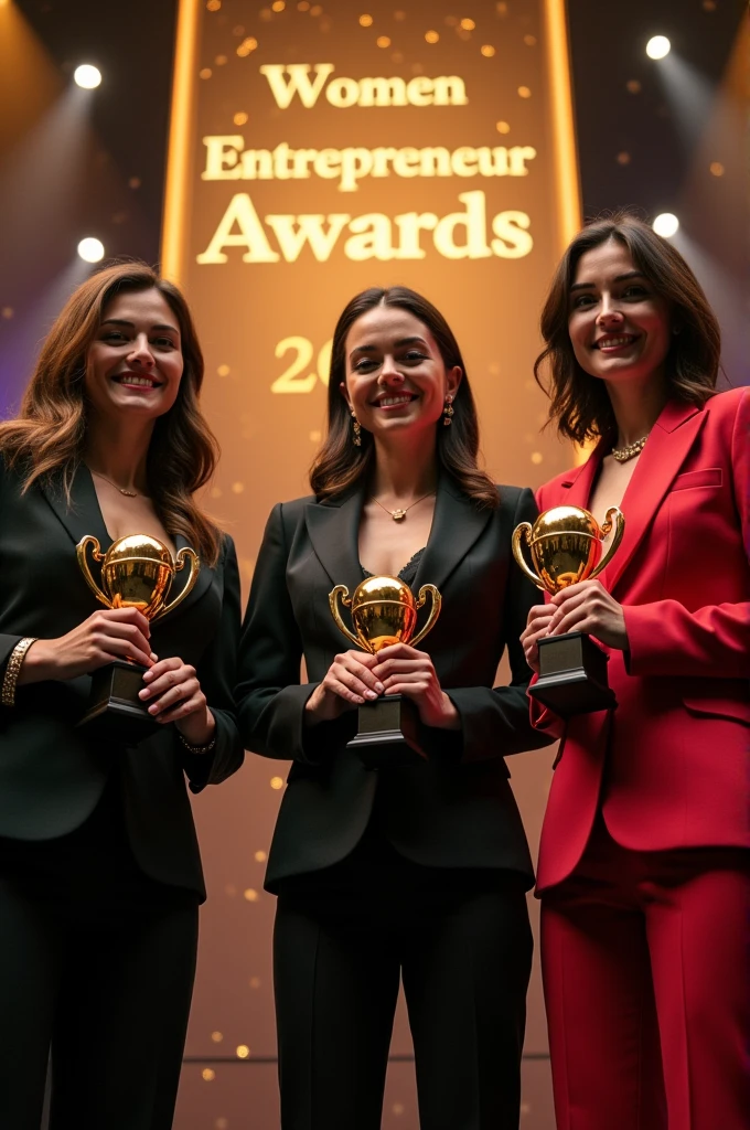 A stylish and elegant awards ceremony scene with confident women entrepreneurs dressed in chic business attire, holding golden trophies on a stage adorned with glittering lights and a banner that reads "Women Entrepreneur Awards 2024." Create a realistic image