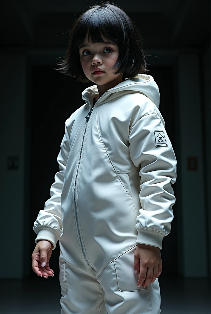 one girl , young , Bottom view , short hair , black hair , Spacesuit , White Spacesuit , Pop-visible , Bare ass , girl in a Spacesuit , high quality , dark colors