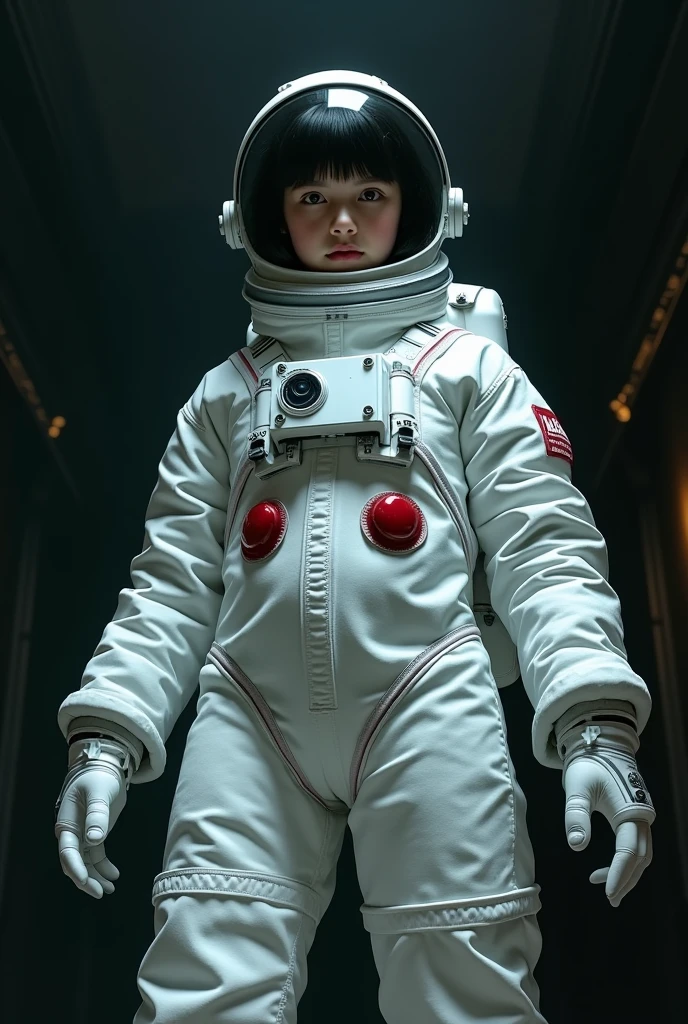 one girl , young , Bottom view , short hair , black hair , Spacesuit , White Spacesuit , Pop-visible , Bare ass , girl in a Spacesuit , high quality , dark colors