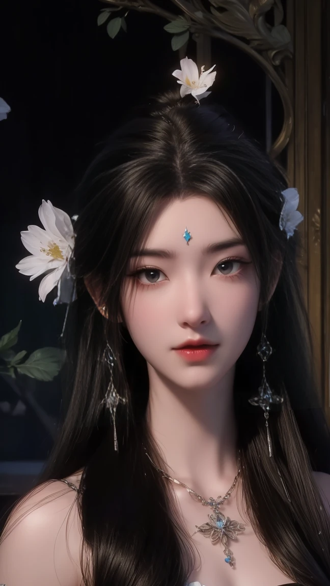 1 Girl, girl with long black hair, Smile, hapiness, Girl standing in a sea of flowers,Girl posing gracefully , Surrounded by beautiful flowers, Peaceful and tranquil atmosphere, night, moonlight , Beautiful glowing butterflies surround the girl lighting up the darkness of the night, magic,Romantic, the night breeze blows the Sepoi Sepoi girl's hair,