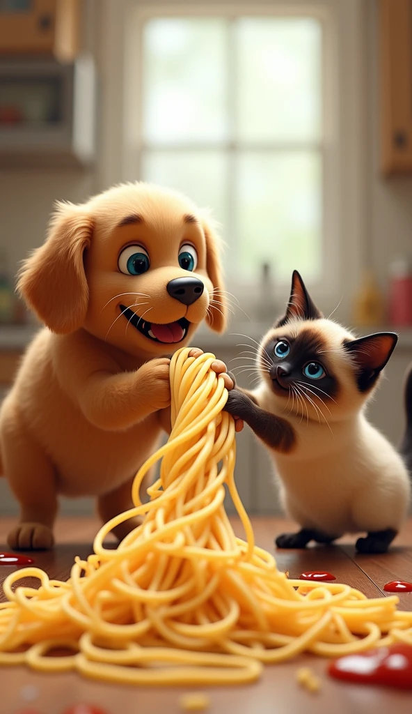 A golden retriever and a Siamese cat are in a kitchen engaged in a tug-of-war with a giant spaghetti noodle. The dog is pulling on one end with an enthusiastic expression, while the cat, with a determined look, grips the other end. The scene is playful and messy, with strands of spaghetti and sauce splattering around.