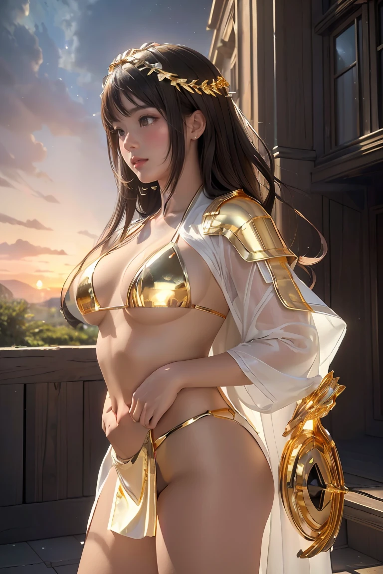 ((masterpiece, best quality, extremely detailed), volumetric lighting, ambient occlusion, colorful, glowing), 1girl, solo, young girl, (dark hair), long hair, halo, aura, sacred, goddess, cleric suit, (bikini with gold detailst:1.3), seethrough robe, outdoors, sunset, sky, clouds, space, (fantasy theme:1.2),