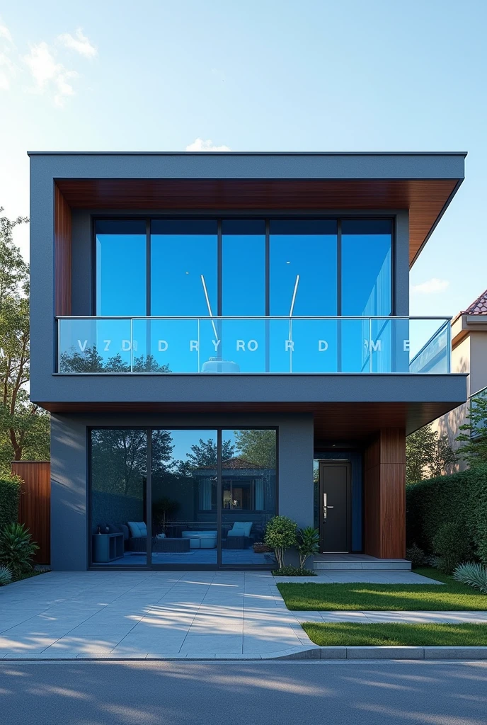 Windows with glass the blue color, desing modern, acustic, house full color with balcon, name VIDRIERIA RODRIGUEZ recored into the glasses with letter big.