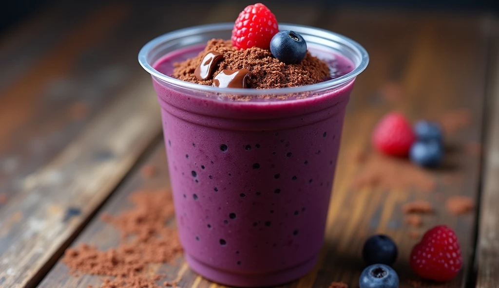 (work of art:1.2, highest quallity,highest quallity,very detailledな:1.2),(very detailled),8k,(realisitic),(RAW Photos:1.2),a tall plastic cup with dark purple acai, lots of melted Nutella on top.
