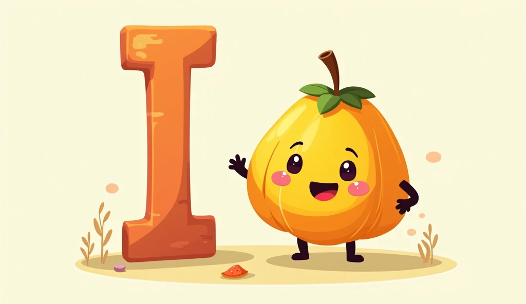 I**: "Show the letter 'I' with an imli (tamarind) next to it. The tamarind should be depicted in a fun and animated way, with a light, playful background that suits a children’s learning environment