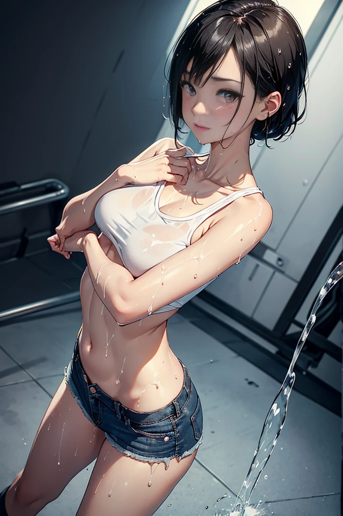 ((masterpiece)), (Professional photography:1.2), (HD:1.3), Portrait Photography, best quality, 8K, From the front, (Simple black T-shirt), Cute age girl, Super cute face, Light brown medium length hair, (flat chest), Pale skin, blush, Smile, Standing on White background, Hands on Hips, (shorts),Cute girl . so cute , Round Face . Solitary , Slim , Medium breasts , Short stature . Glowing skin . Pure white Tube Top T-shirt . shorts . Dynamic poses . Dynamic Angle . No background , White background , Looking at the audience,(((Clothes are wet)))liquid in butt、Fluid on the thighs、Flowing liquid(attractive butt:1.2),、exposed、Disheveled、Comfortable to wear，exposed breasts、(((Clothes are wet))),Tube Top，(((Ultra-thin clothing))),(Body model),((Body Contouring)),(stride),Grin, blush,Overactive Expression，crotch friction，Vulvar bulge，Vulva outline，Chest contour，Open the butt flap with both hands，Round Face，baby face，Sweat, Tears，Severe tremors，Heavy breathing，Awkward，Proudly,barefoot，Very thin limbs，Breast swelling is imminent，butt，Ripped denim mini skirt，arrogant，belly button，I peed a little，とてもI have a strong urge to pee，Wet underwear，Accurate and clean female fingers，Very thin limbs，身材非常Short stature，Very boyish body shape， Sultry body，Awkward，(Very blush, I&#39;I很兴奋, Happy, Smile, open mouth), Her little breasts were almost swollen..，I really want to go to the toilet，Heavy urine output，incontinence，I的身体正在抵抗强烈的排尿.，I have a strong urge to pee，Pass through