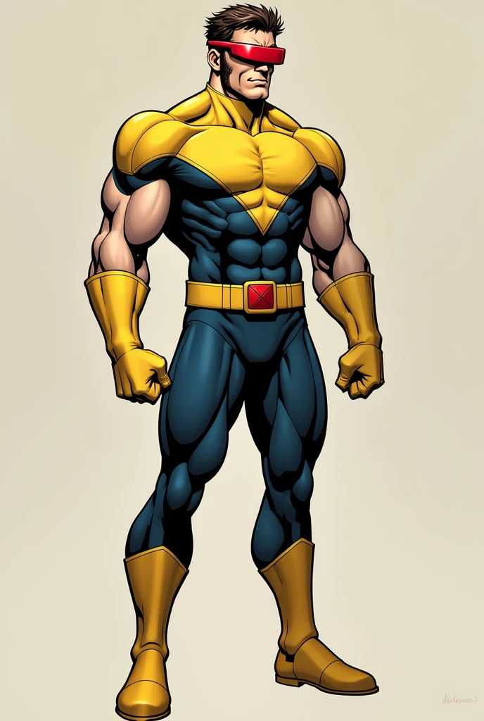 Cyclops, X-Men, age 25-35. Strong, determined, white male, short brown hair. Clean-shaven, wearing a red, high-tech visor. Dark blue spandex bodysuit with yellow accents. Yellow utility belt with X-Men symbol. Yellow gloves and boots. Muscular, standing tall. Pose: standing with feet shoulder-width apart, right hand touching his visor, left arm by his side.