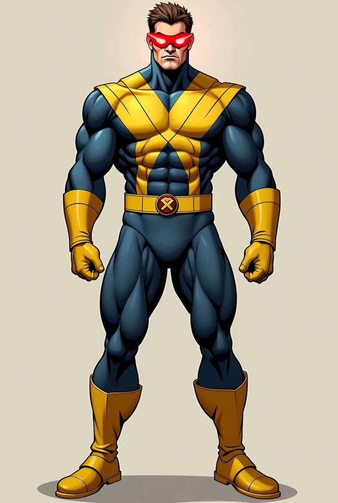 Cyclops, X-Men, age 25-35. Strong, determined, white male, short brown hair. Clean-shaven, wearing a red, high-tech visor. Dark blue spandex bodysuit with yellow accents. Yellow utility belt with X-Men symbol. Yellow gloves and boots. Muscular, standing tall. Pose: standing with feet shoulder-width apart, right hand touching his visor, left arm by his side.