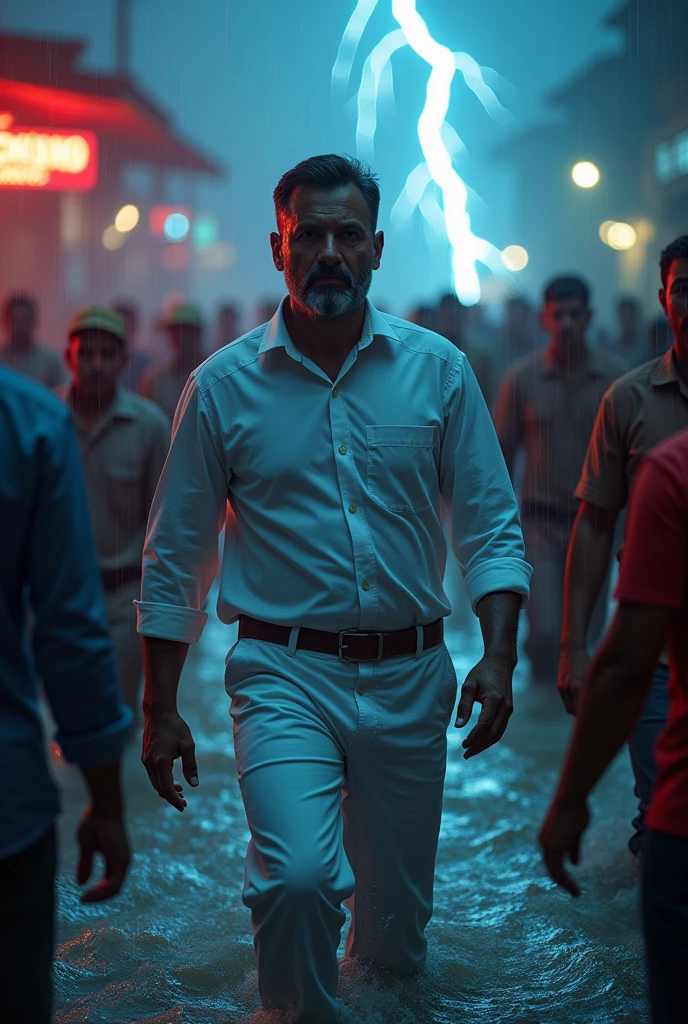 A man with dark hair and beard 30 year old politician wearing plain full handed white shirt and pant they helping people in flood background thunder neon effect