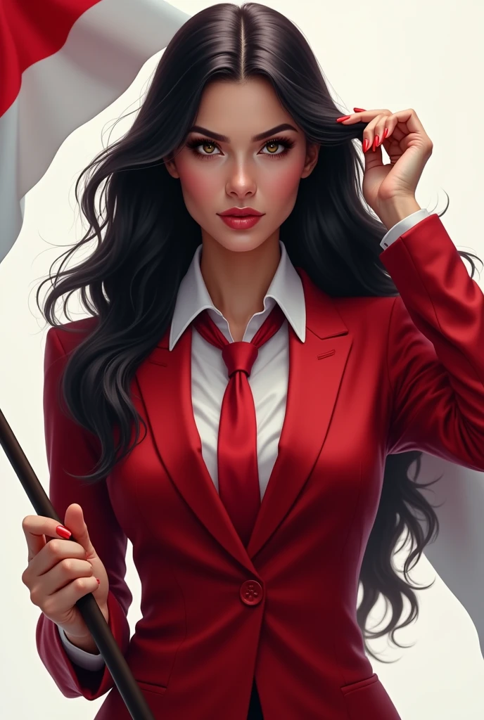 Portrait, beautiful woman, holding Indonesian flag, alpha female, shirt, blazer red, tie, elegant, black hair, white background