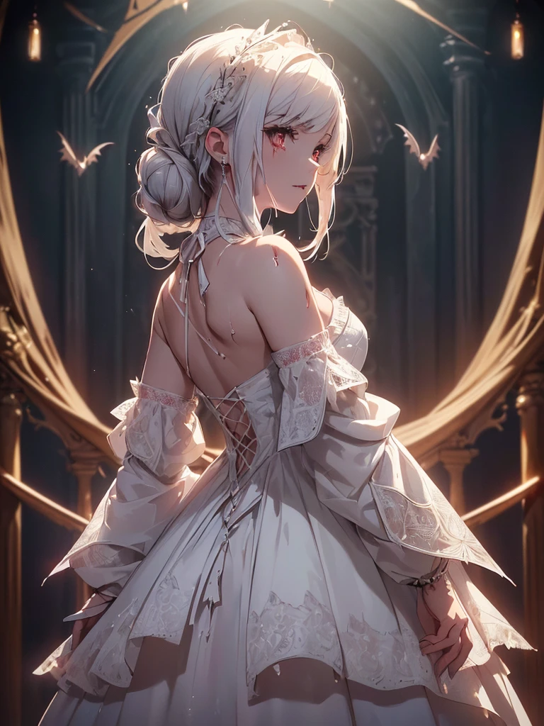 (((best quality, sharp image, clear image, cinematic lighting, 8k resolution, masterpiece, ultra detailed, intricate))) Girl, (((looking over shoulder))), shot from behind, vampire, vampire teeth, intricate white dress. ((blood dripping off dress)), intricate bloodlines in background, bats flying.