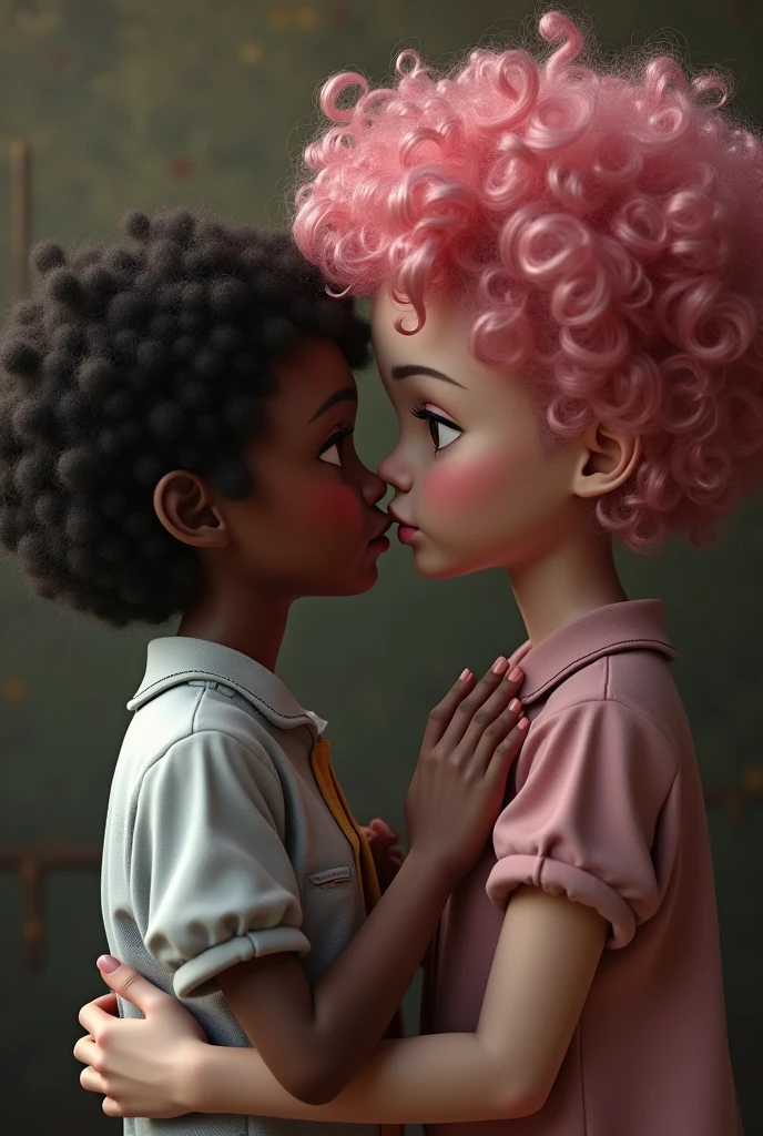 Dark-skinned girl with very short pixie-style black hair, shyly kissing another rather tall girl with very curly and long pompous pink hair with pink lips, in a secret Christian school