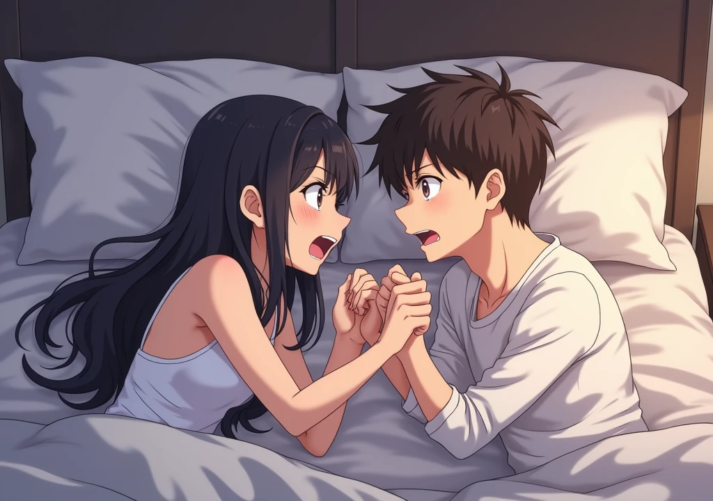 anime couples having a argument on bed,the argument look so intense with shouting and screaming ! it a male and female couple , show how frustrated and intense their emotions and face, like a male is standing and shouting while the female is trying to defend her argument tearing in the bed