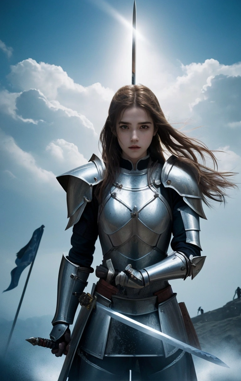 arafed woman in armor holding a sword and standing in front of a flag, girl in knight armor, beautiful female knight, of a beautiful female knight, female knight, armor girl, imogen poots as a paladin, fantasy paladin woman, gorgeous female paladin, emma watson as a knight, female medieval knight, ana de armas as joan of arc