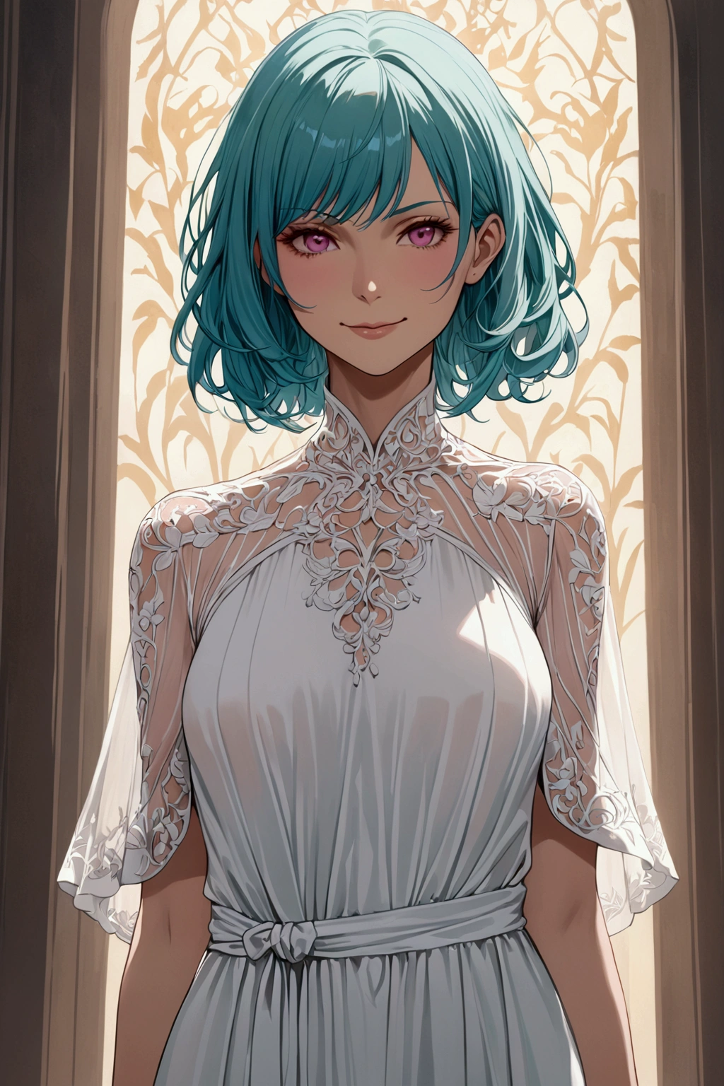 ((masterpiece)), ((best quality)), ((ethereal body)), (from front, facing front), 1girl, mature woman, solo, pink eyes, straight teal hair, side bang,  oversized white a-line dress, smirk
