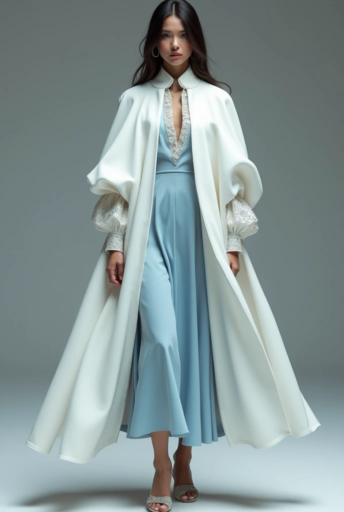 A white detachable cape with a small slit above the chest and voluminous sleeves to the elbow. A midi dress in a delicate blue shade, adorned with embellishments on the sleeves and collar 