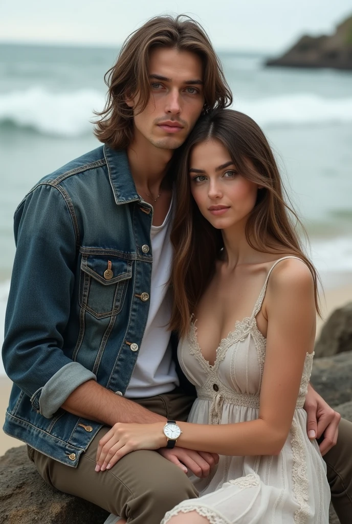 Portrait of a young man with long straight shoulder-length hair wearing a denim jacket and a beautiful young woman wearing a dress leaning on the man sitting on rocks by the beach,Face forward to the camera