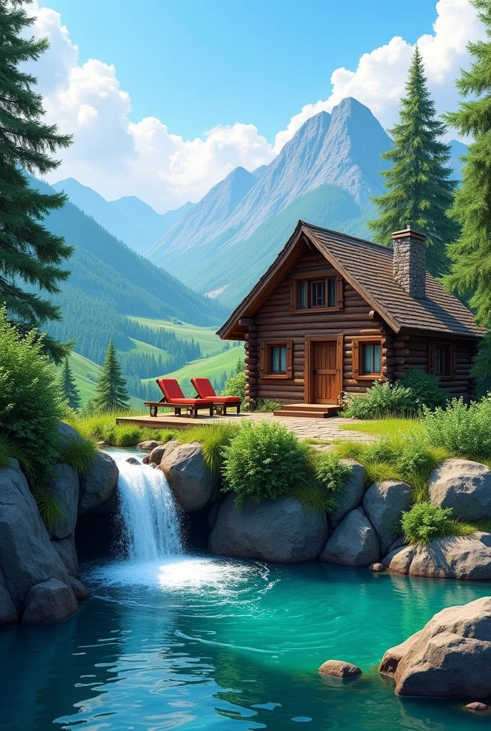 The image is a beautiful landscape of a wooden cabin in a mountainous area. The cabin is made of wood and has a sloping roof and a chimney on the right side. It is surrounded by lush greenery and trees. In front of the cabin, there is a small waterfall cascading down a rocky cliff. The water is a vibrant turquoise color and there are two lounge chairs on the deck overlooking the waterfall. The sky is blue with white clouds and the mountains in the background are covered in green trees. The overall mood of the image is peaceful and serene.