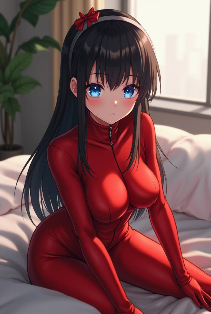 4K, 8K, (Masterpiece, best quality:1.2), blue eyes, perfect face, cosplay, professional photo, photo, photorealism, modelshoot style, portrait of shirogane, red plugsuit, feminine, bedroom, bed, sheets, window, plants, upper body, face shot