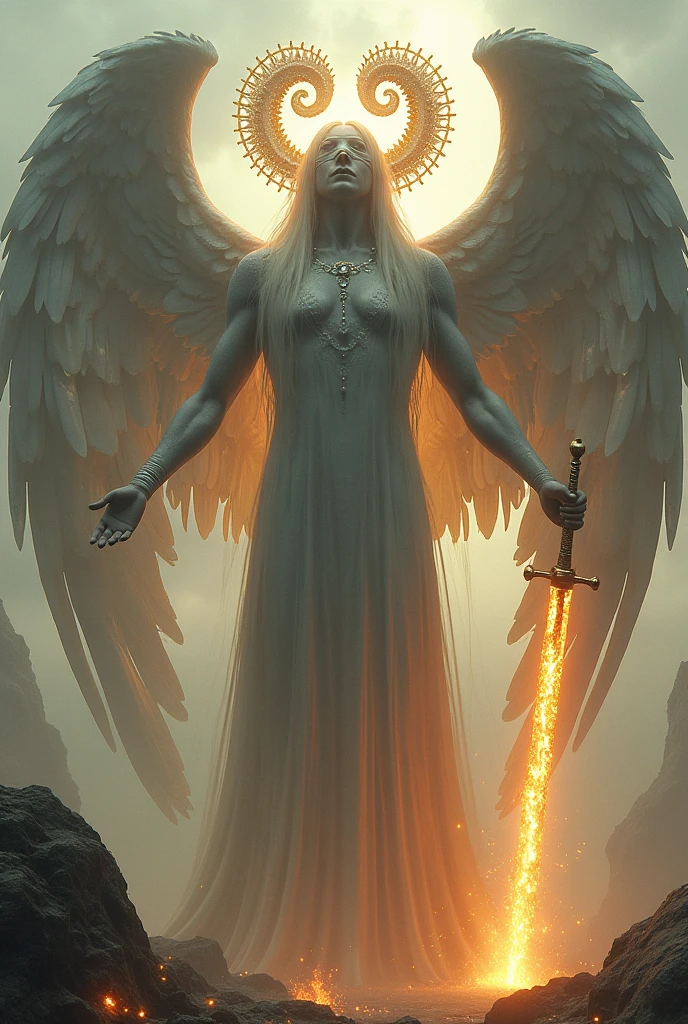 A huge angel has a blindfold on his eyes and around his head there are two intertwined wheels spinning and inside the wheels he has many eyes in them and he has long hair made of light and a huge sword of fire held in his hands.
