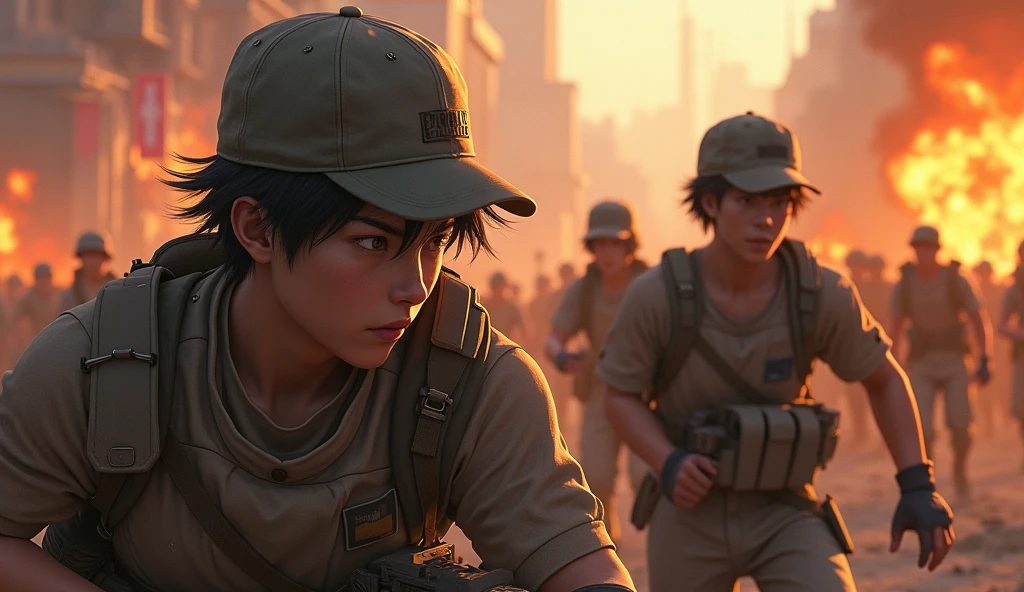 Wartime youth fighters、Wearing baseball caps、Fierce battle scenes、There are many people fighting around、Fires burning around、A sense of presence。 Real、Real、Age 38 years old、Black hair