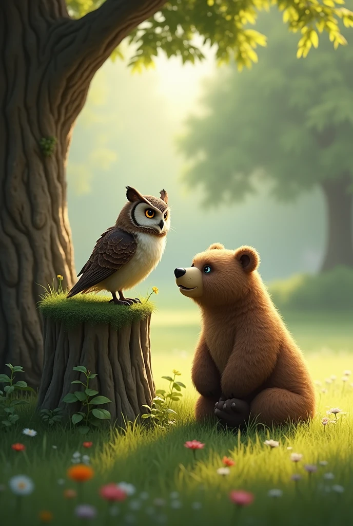 The owl and the bear are sitting on the lawn, talking