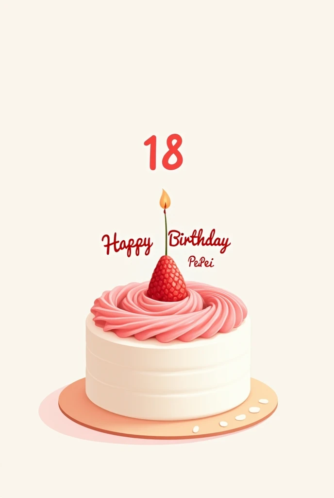 Draw a white cake with strawberry cream on top, a number 18 candle, and write the words "Happy Birthday Pei Pei". Draw it in a minimalist style with cute lines.