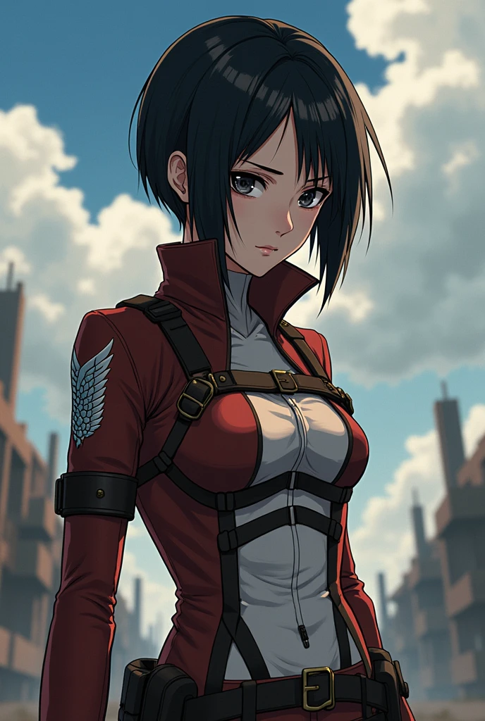 woman, full body, black very short, emotionless face, black eyes, reconnaissance corps, Attack on Titan in anime style