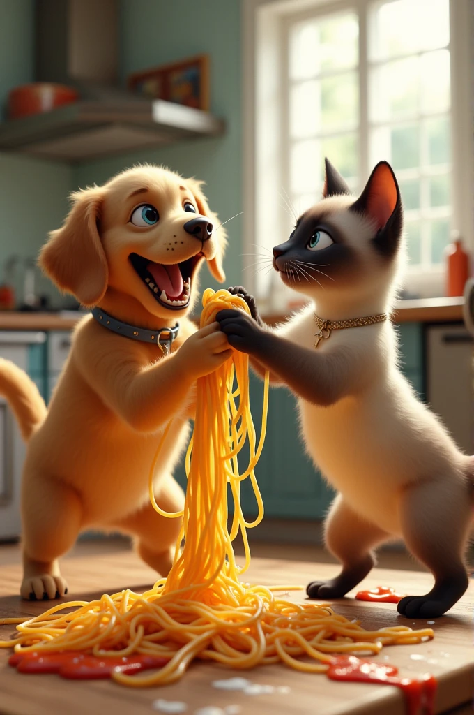 A golden retriever and a Siamese cat are in a kitchen engaged in a tug-of-war with a giant spaghetti noodle. The dog is pulling on one end with an enthusiastic expression, while the cat, with a determined look, grips the other end. The scene is playful and messy, with strands of spaghetti and sauce splattering around.