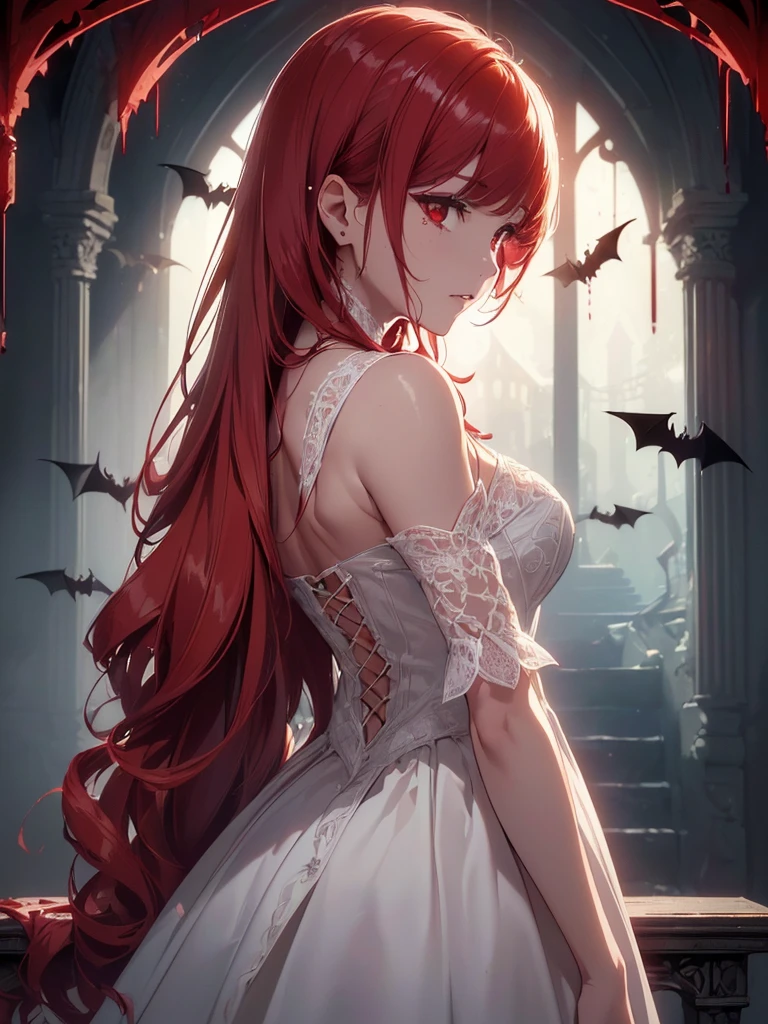 (((best quality, sharp image, clear image, cinematic lighting, 8k resolution, masterpiece, ultra detailed, intricate))) Girl, (((looking over shoulder))), shot from behind, vampire, vampire teeth, intricate white dress. ((blood dripping)), intricate bloodlines in background, (bats flying), bright red hair.
