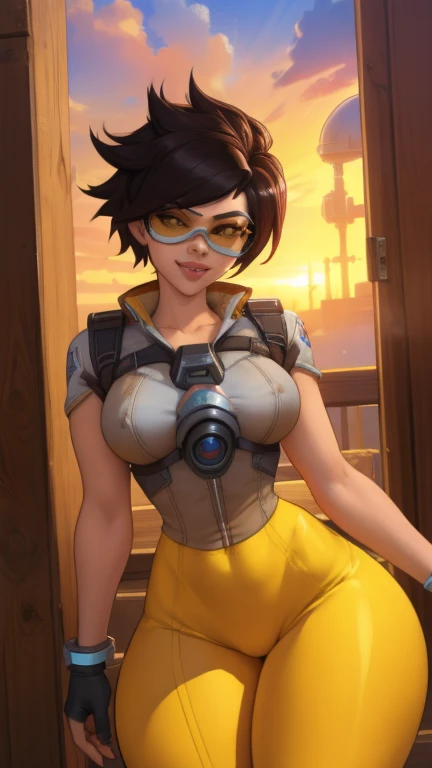 (thick thigs:1.8)(gigantic breast:0.8) 1 girl,(solo),(high-level image quality),(hight quality),(high resolution),(detailed),(masterpiece),(artwork:1.2), (realistic), (cowboy shot:1.5),looking at viewer, Detailed eyes, perfect face, perfect eyes, Detailed face,very short black hair,fingerless glove,Tracer (overwatch),((eyewear)),(yellow leggings),(long shot), smile, curvy,(reactor),garter belt,tall, SFW,