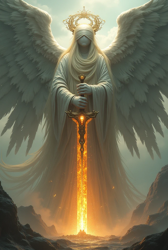 A huge angel has a blindfold on his eyes and around his head there are two intertwined wheels spinning and inside the wheels he has many eyes in them and he has long hair made of light and a huge sword of fire held in his hands. 