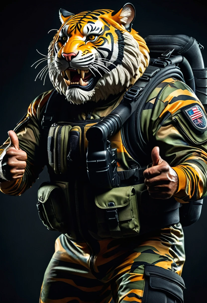 (a dark-skinned bearded fat muscular old man in a bulky army camouflage zipper diver suit) carrying a gun, (wearing realistic roaring tiger mask), dynamic action pose, fierce expression, showcasing an imposing stature, surrounded by military elements, dramatic shadows and intense highlights, cinematic color tones, high detail, powerful, art influenced by Bruce Onobrakpeya and Stanley Artgerm, ultra-detailed, best quality image, action-packed atmosphere. thumbs up pose