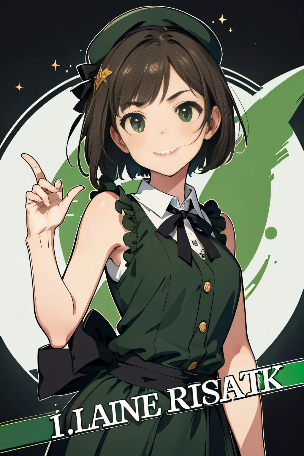 (Masterpiece: 1.1 points), (First Class: 1.1 points), (Perfect Face: 1.1 points), (Attention to Detail: 1.1 points), Unique, (Healthy Skin), White Skin, White Beret, (Dark Green Shiny Short Hair), (Bright Green Tips: 1.1 points), (Big Side Black Ribbon), (Green Eyes) White frills on arms, black string of green buttons, upper body under black tank, (smiling with mouth wide open, anime style), teeth not visible, looking at camera, close-up of front face, standing upright, gesture of self introduction with left hand, background,