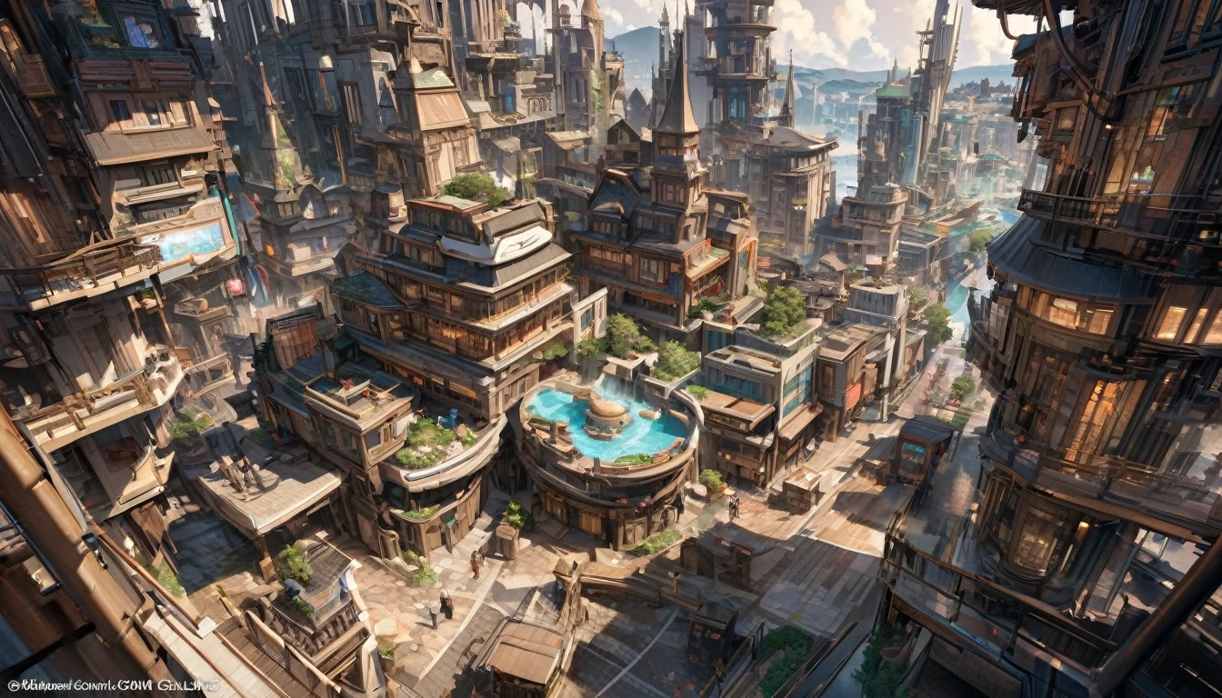 masterpiece, 8k, best quality, Very detailed, prosperous scenery & A bustling dream town with high-tech buildings