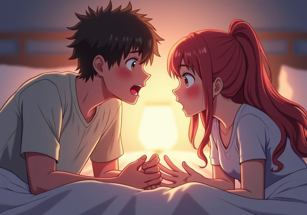 anime couples having a argument on bed,the argument look so intense with shouting and screaming ! it a male and female couple , show how frustrated and intense their emotions and face , like very going very bad