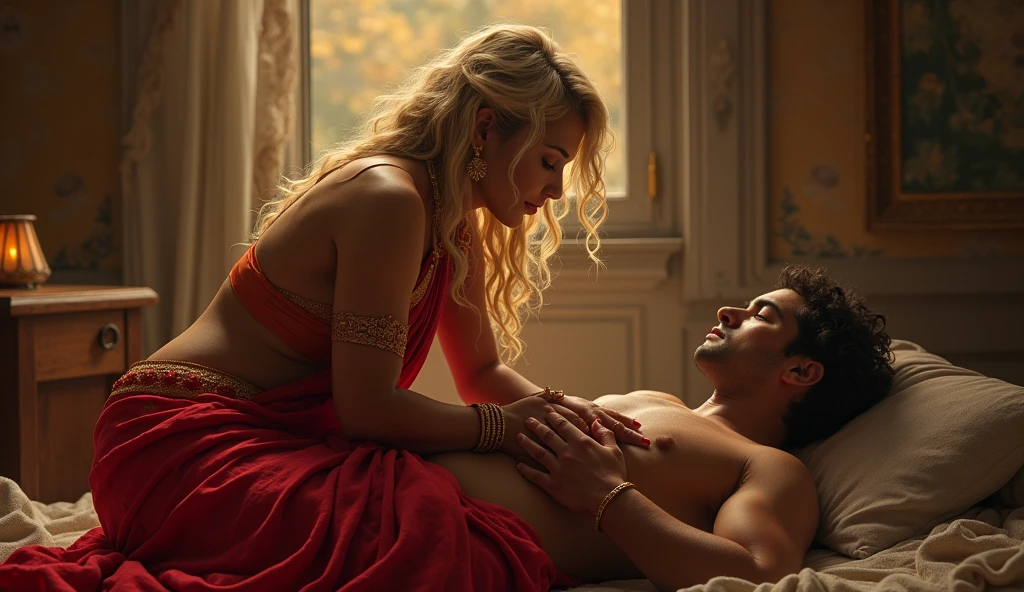intimate moment between indian Queen Sumegha Nirmal who is a poor male (poor weak man). queen look blond and jerking man dick, no one wearing cloth. queen wearing read saree and cruel. quite chubby.