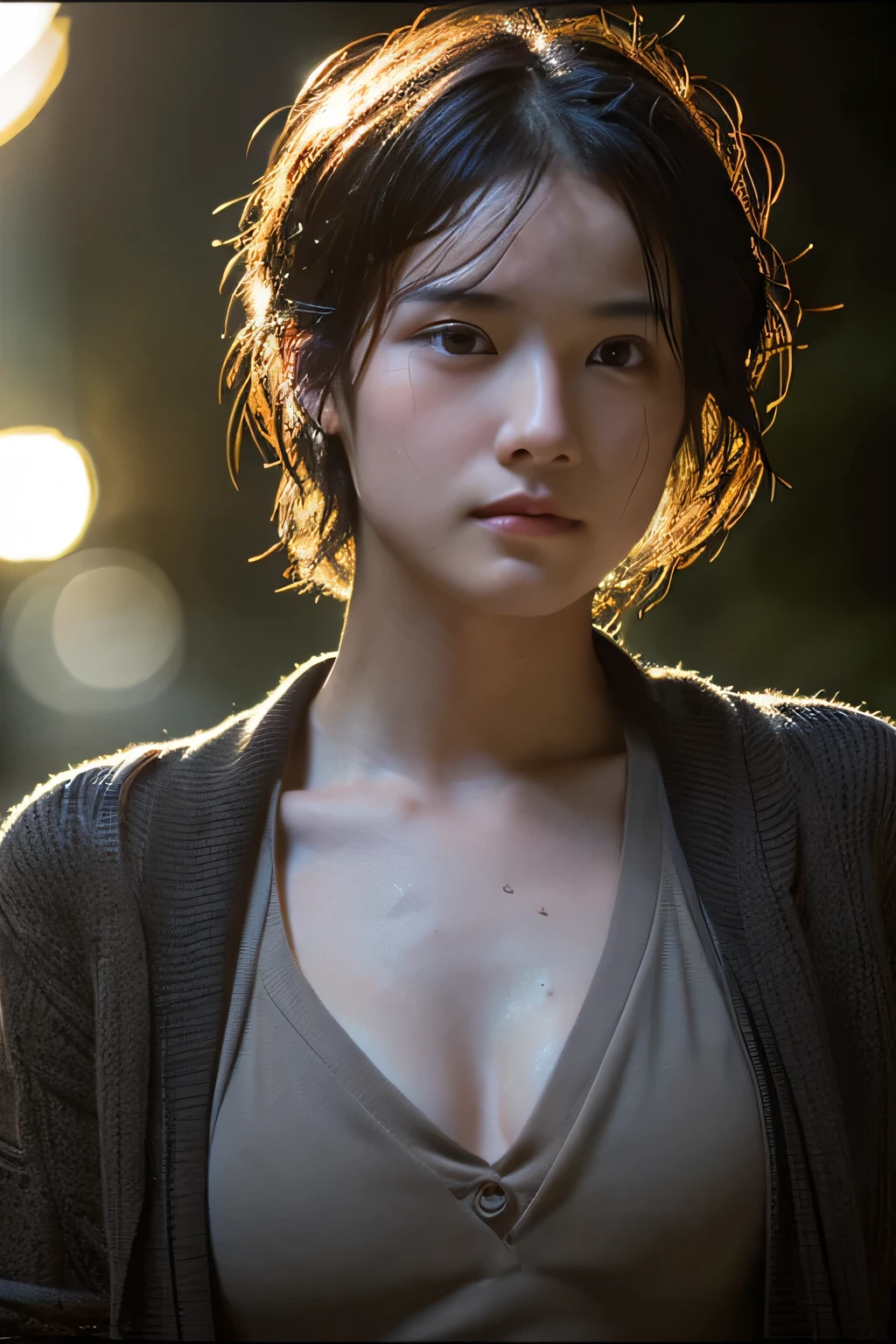 Wet roads ,drenched, Dripping, Wet Face,Wet clothes, Wet Skin, Wet Hair,A young woman with a cute face like a Japanese idol,(Cleavage),((Cinema Lighting),(Natural light),(High level of artistry),(artistic),(Indistinguishable quality from the real thing),RAW Photos,Genuine,Genuine,High resolution,RAW Photos,masterpiece, beautiful, Handsome Tomboy, Looks like a salon model, Cool face, Neutral facial features, nsfw,