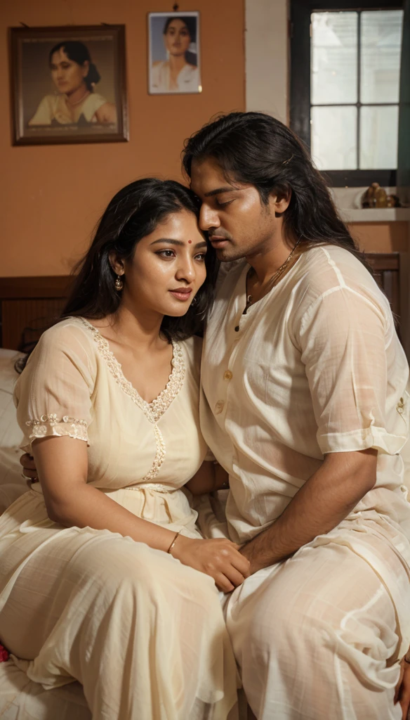 South Indian women, hugging a man in bed room, wearing cream colour chiffon transparent nighty