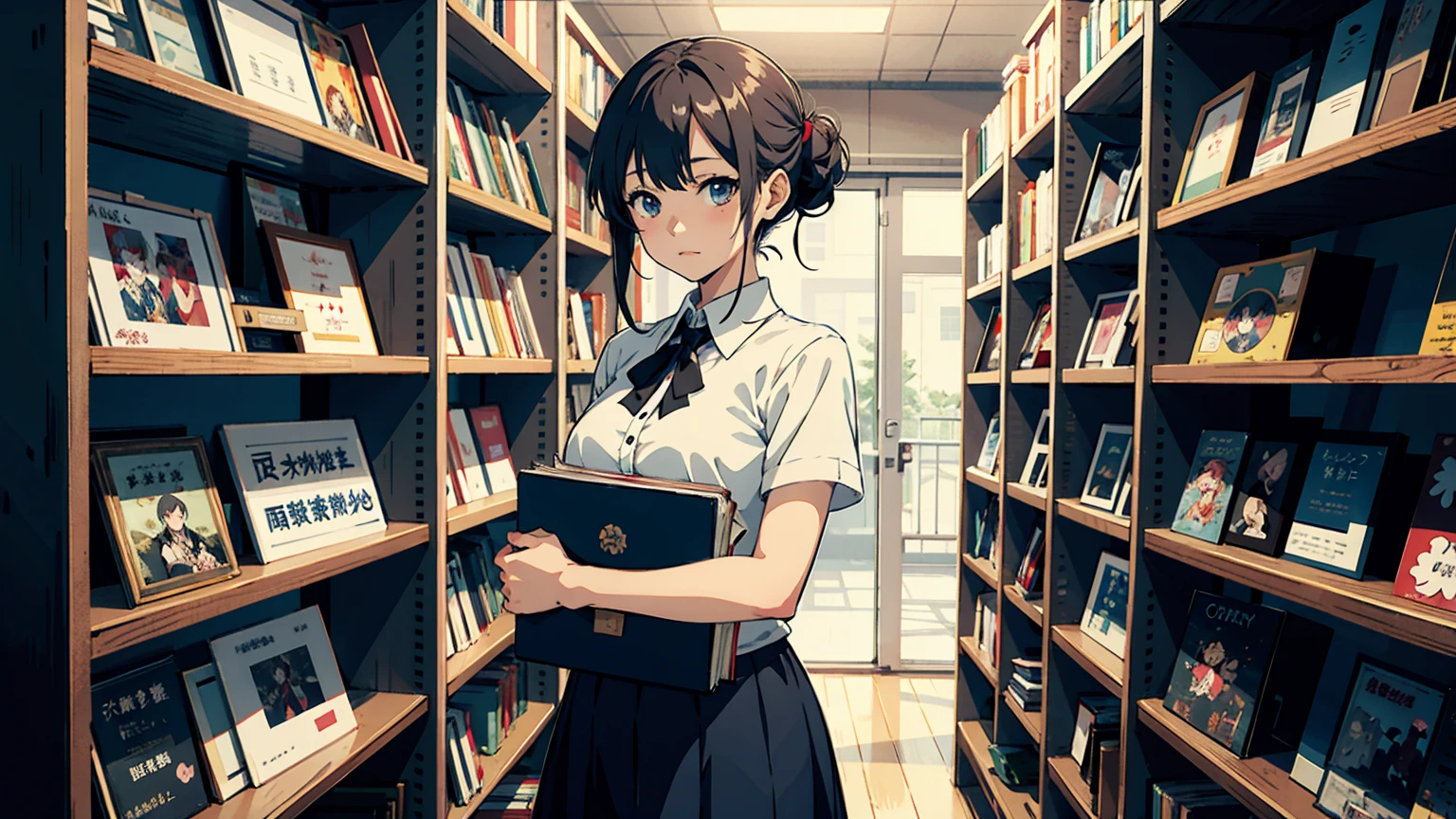 anime girl in a library with a book shelf full of books, librarian, kantai collection style, background = library, library background, in a library, the librarian, visual novel cg, dusty library, kawacy, ; visual novel, young anime girl, lofi girl, visual novel,  infinite library, girl in a record store, anime moe artstyle