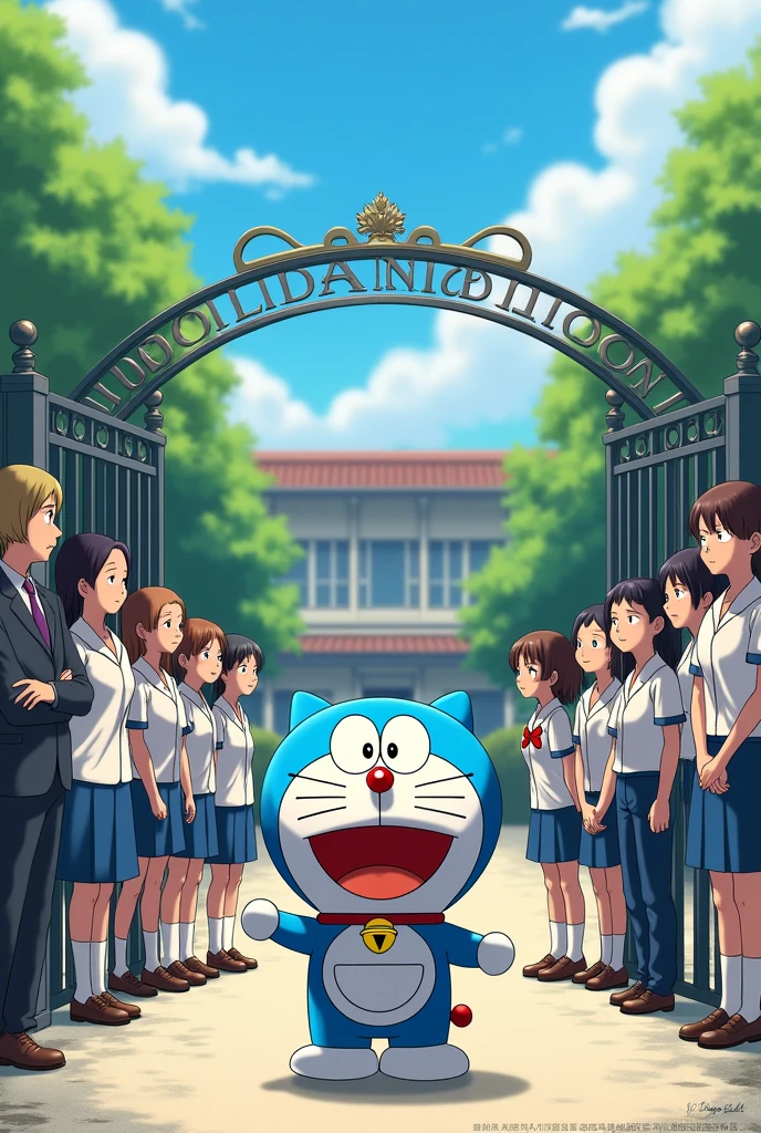 Doraemon enrolls in school: Doraemon stands in front of the school gate with the teacher and students.. Everyone&#39;s faces showed surprise and delight..
