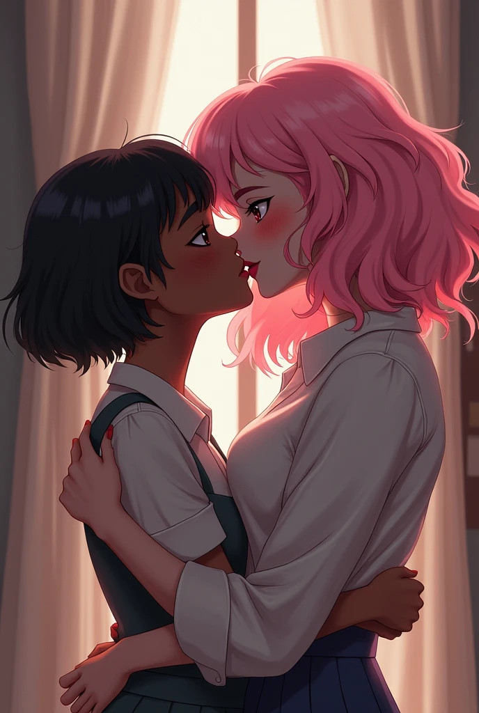 Dark-skinned girl with very short pixie-style black hair,  kissing shyly with another girl quite tall and sexy, with very curly and pompous long pink hair with pink lips, In a Catholic school, Both blushing 

